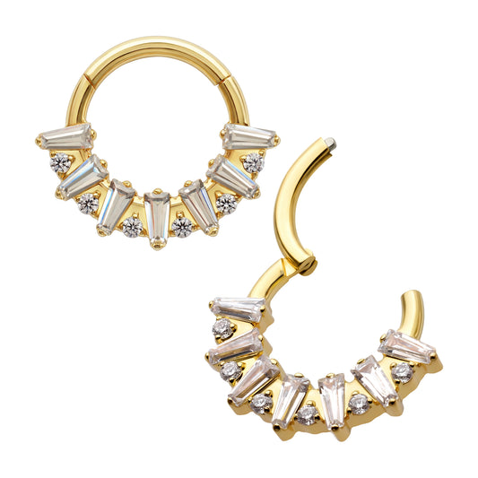 24Kt Gold PVD Titanium Baguette Crown Prong Set Gem Cluster Front Facing Hinged Segment Clicker