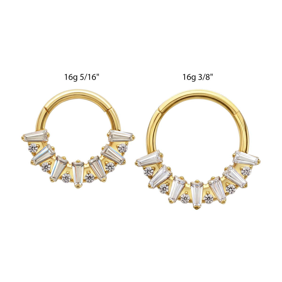 24Kt Gold PVD Titanium Baguette Crown Prong Set Gem Cluster Front Facing Hinged Segment Clicker