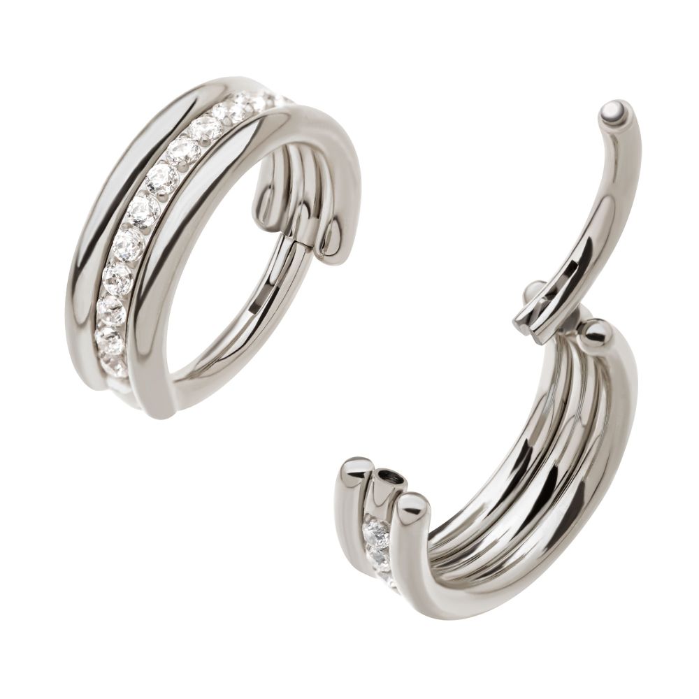 Titanium Triple Stacked with CNC Set CZ Center Line Side Facing Hinged Segment Clicker