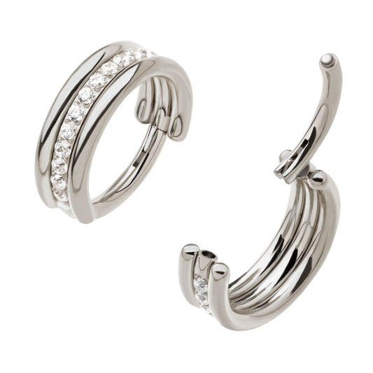 Titanium Triple Stacked with CNC Set CZ Center Line Side Facing Hinged Segment Clicker