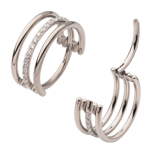 Titanium with CNC Set Clear CZ in the Center Hoop Triple Row Side Facing Hinged Segment Clicker