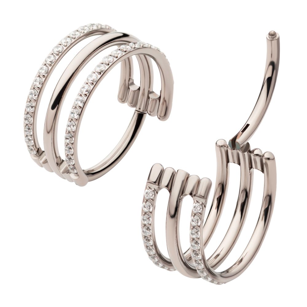 Titanium with CNC Set Clear CZ in 2 Side Hoops Triple Row Side Facing Hinged Segment Clicker