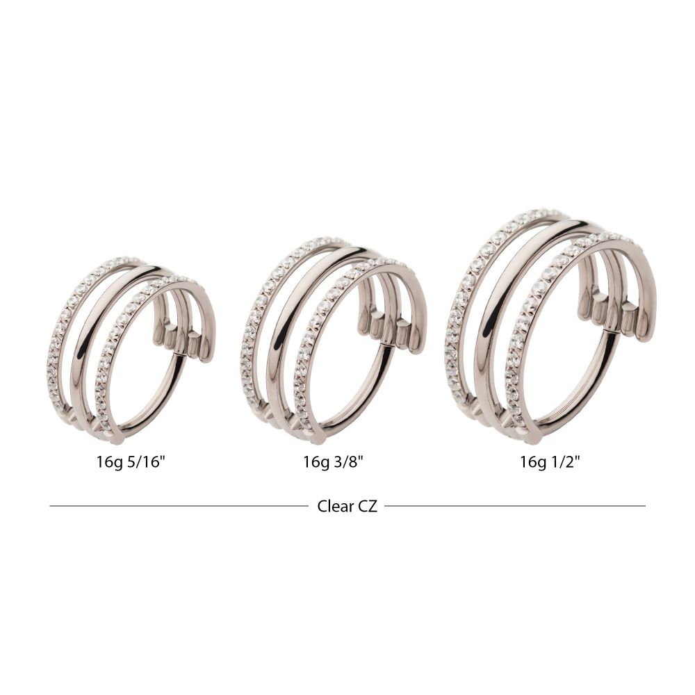 Titanium with CNC Set Clear CZ in 2 Side Hoops Triple Row Side Facing Hinged Segment Clicker