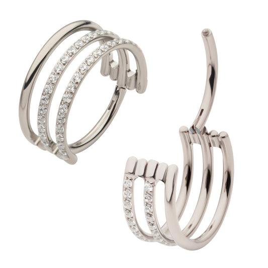 Titanium with CNC Set Clear CZ in 2 Consecutive Hoops Triple Row Side Facing Hinged Segment Clicker