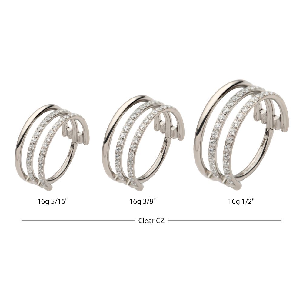 Titanium with CNC Set Clear CZ in 2 Consecutive Hoops Triple Row Side Facing Hinged Segment Clicker