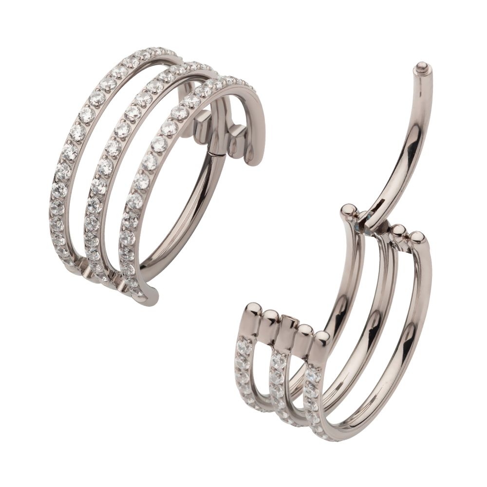 Titanium with CNC Set Clear CZ Hoops Triple Row Side Facing Hinged Segment Clicker
