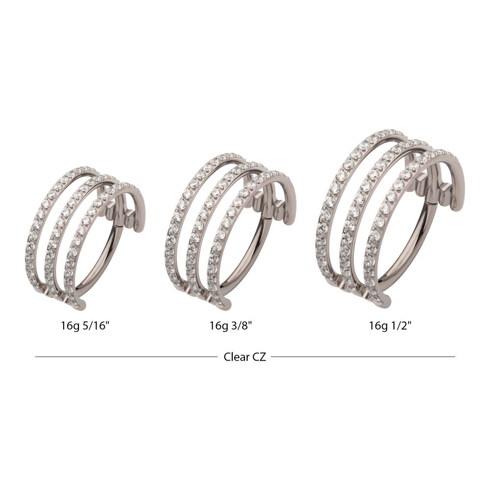 Titanium with CNC Set Clear CZ Hoops Triple Row Side Facing Hinged Segment Clicker