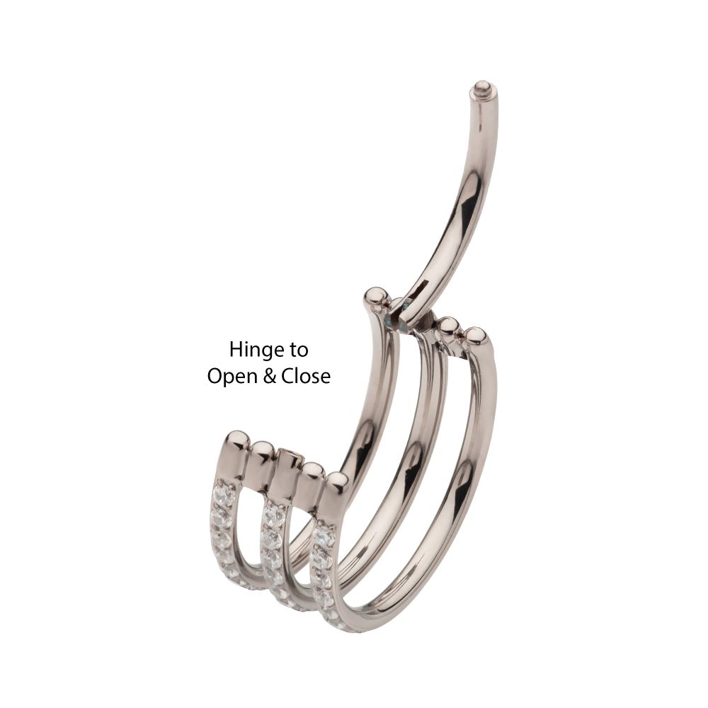 Titanium with CNC Set Clear CZ Hoops Triple Row Side Facing Hinged Segment Clicker