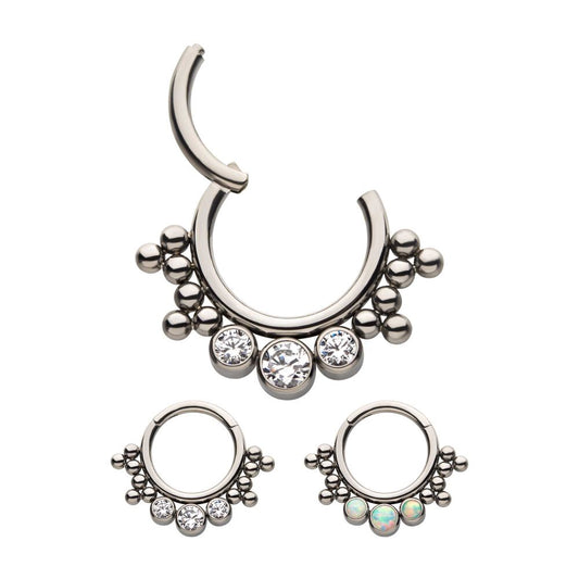 Titanium with 3 Cluster Bezel Set CZ/Opal & Trio Beads Front Facing Hinged Segment Clicker