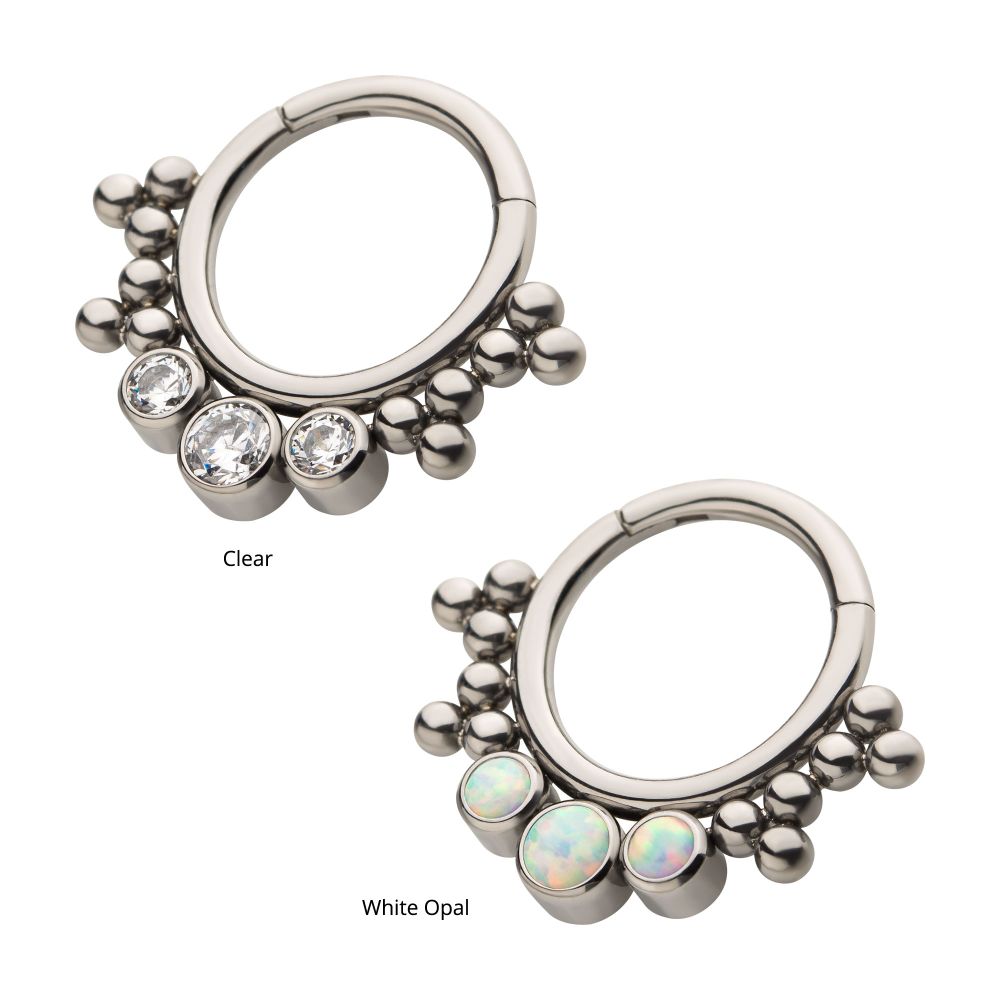 Titanium with 3 Cluster Bezel Set CZ/Opal & Trio Beads Front Facing Hinged Segment Clicker