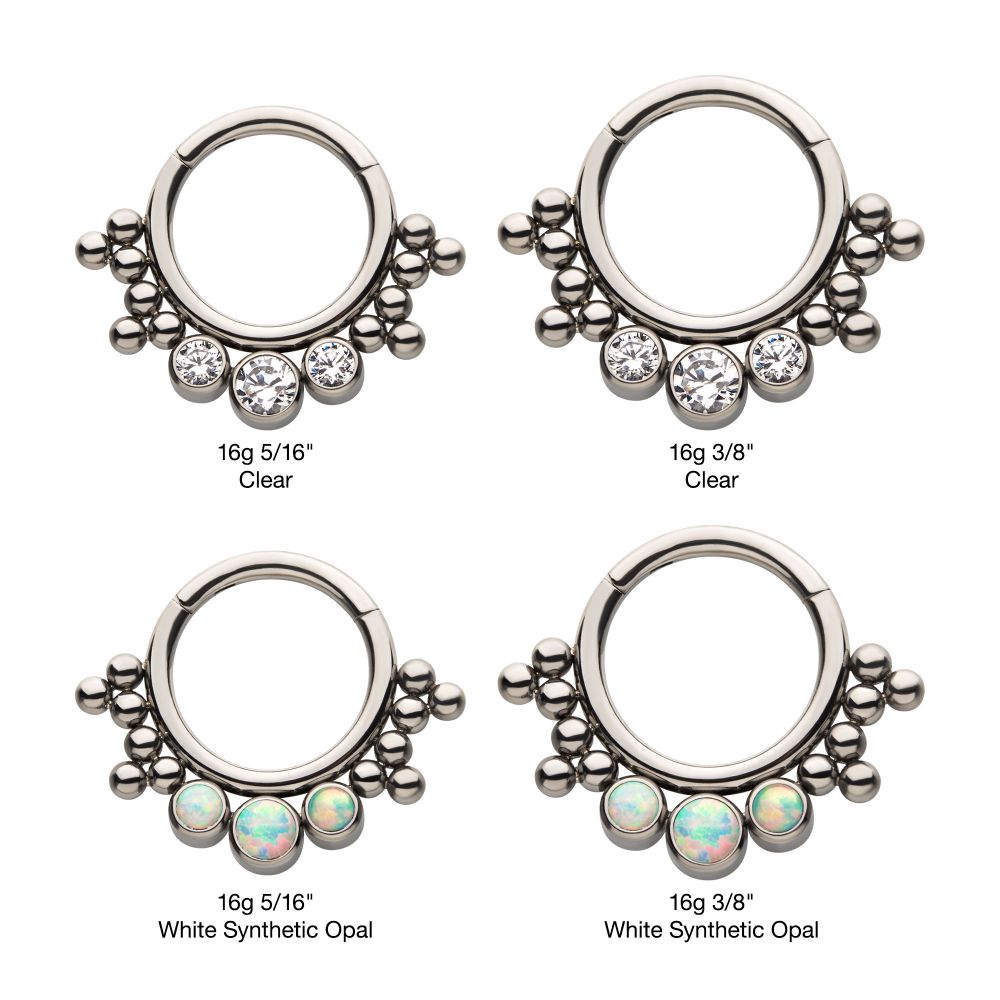 Titanium with 3 Cluster Bezel Set CZ/Opal & Trio Beads Front Facing Hinged Segment Clicker