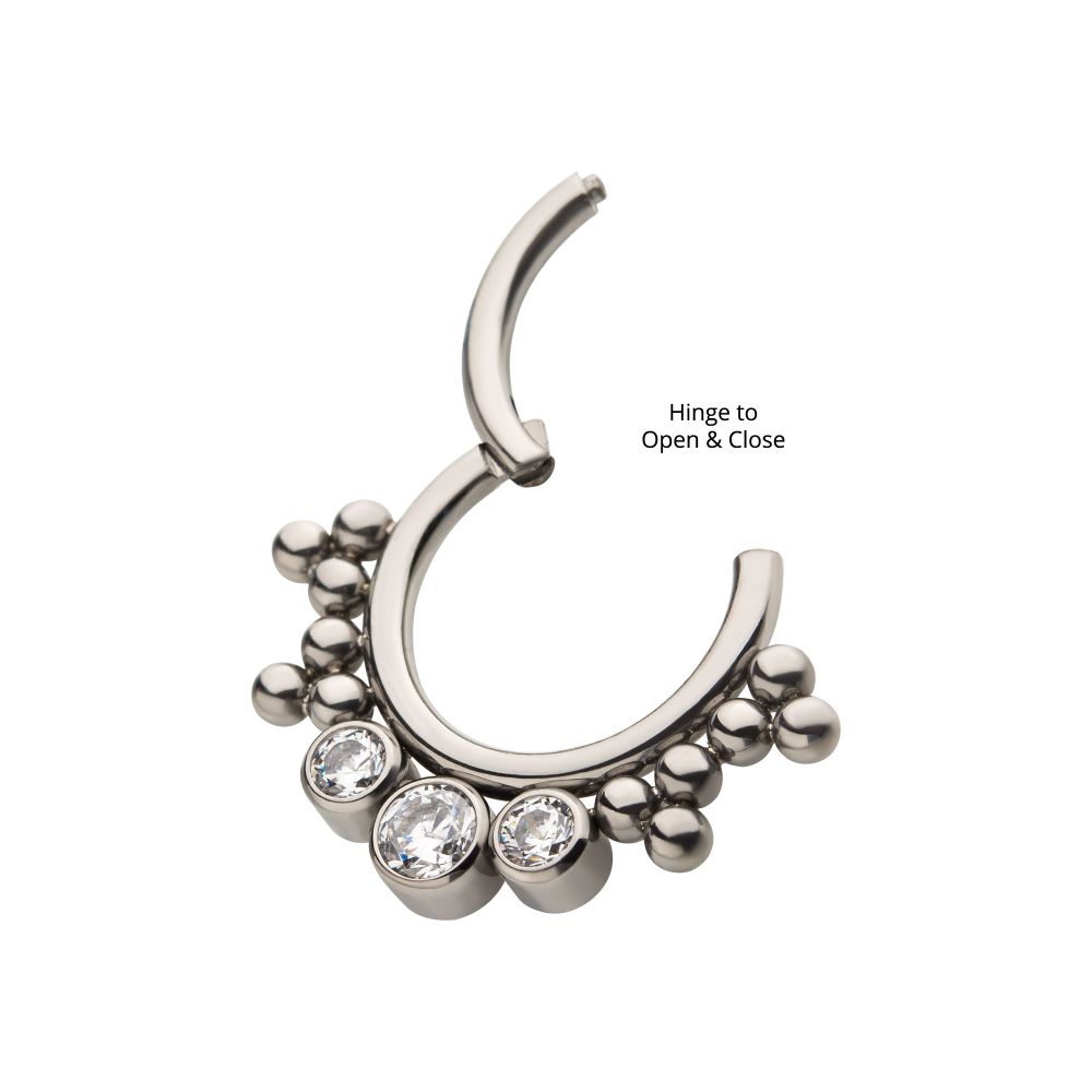 Titanium with 3 Cluster Bezel Set CZ/Opal & Trio Beads Front Facing Hinged Segment Clicker