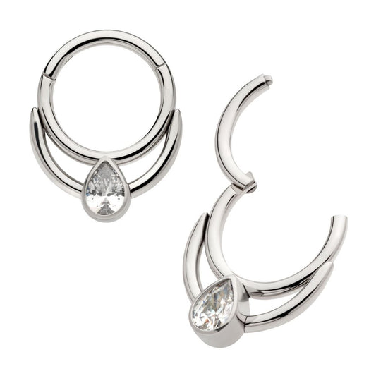 Titanium Double Hoop with Pear-Shaped Gem Front Facing Hinged Segment Clicker