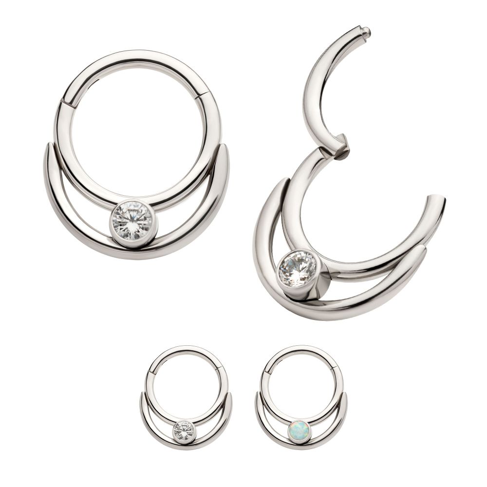 Titanium Double Hoop with Round Bezel Set Gem/Opal Front Facing Hinged Segment Clicker