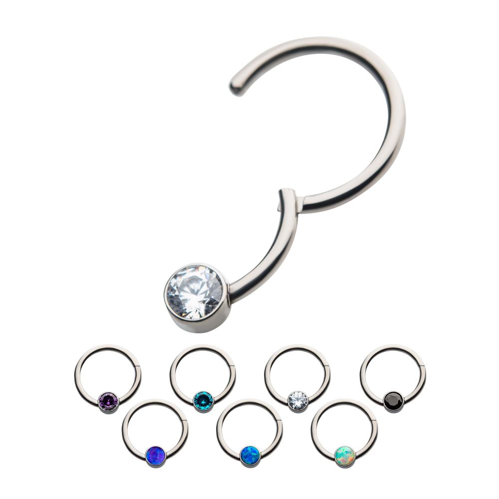 16g Titanium with Bezel Set CZ/Synthetic Opal Flat Back Front Facing Hinged Segment Ring