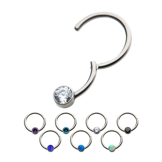 16g Titanium with Bezel Set CZ/Synthetic Opal Flat Back Front Facing Hinged Segment Ring