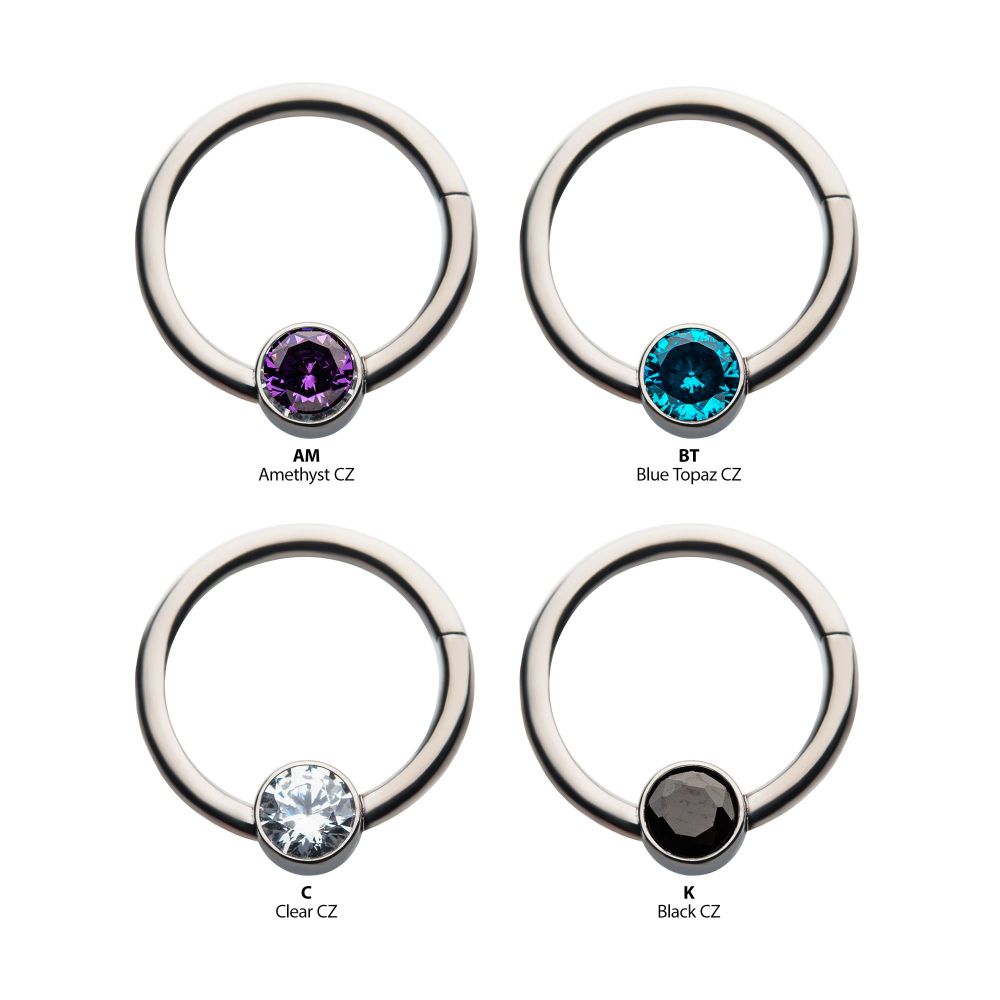 16g Titanium with Bezel Set CZ/Synthetic Opal Flat Back Front Facing Hinged Segment Ring