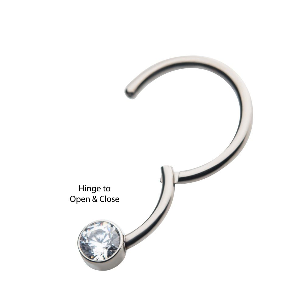 18g Titanium with Bezel Set CZ/Synthetic Opal Flat Back Front Facing Hinged Segment Ring