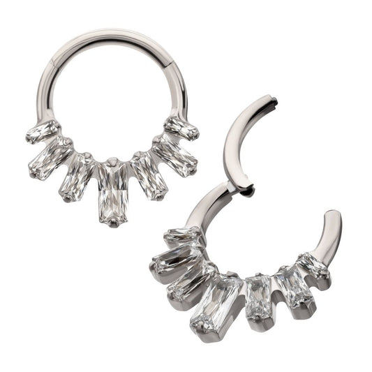 Titanium 7-Baguette Prong Set Gem Fan Cluster Front Facing Hinged Segment Clicker