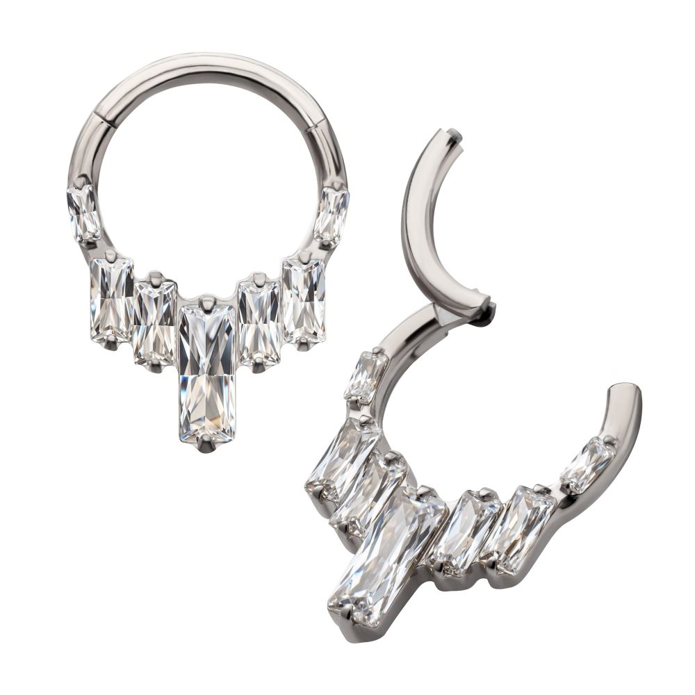 Titanium 7-Baguette Prong Set Gem Cluster Front Facing Hinged Segment Clicker