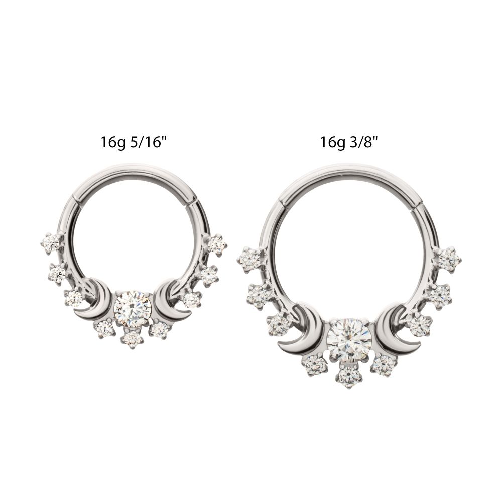 Titanium Triple Moon Phase with Prong Set Gem Cluster Front Facing Hinged Segment Clicker