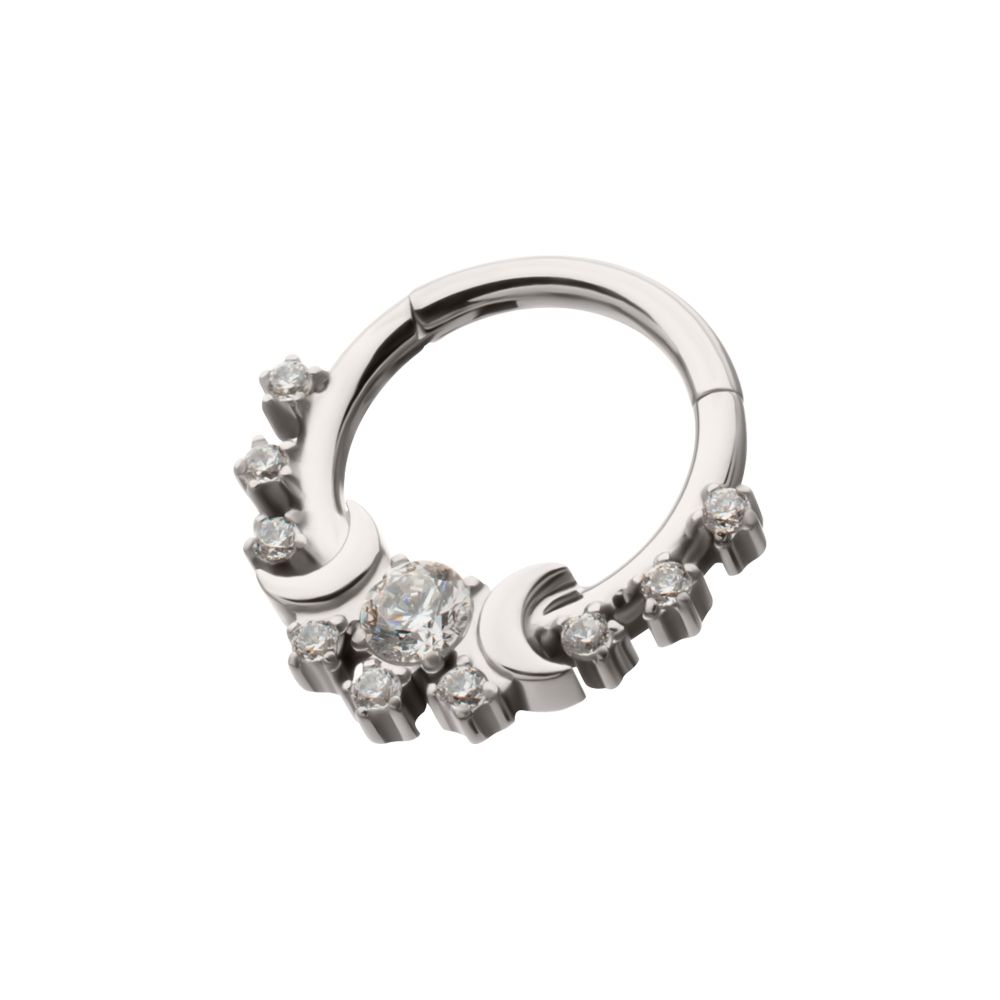 Titanium Triple Moon Phase with Prong Set Gem Cluster Front Facing Hinged Segment Clicker