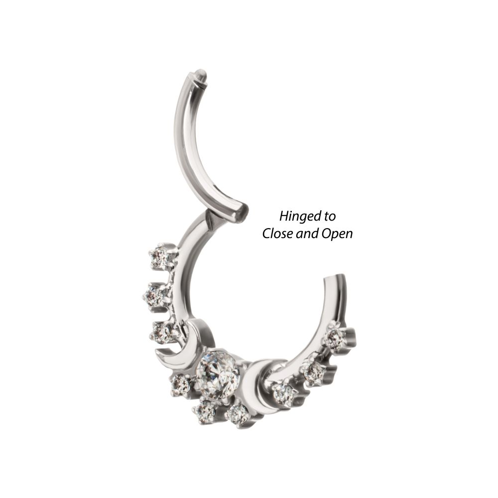 Titanium Triple Moon Phase with Prong Set Gem Cluster Front Facing Hinged Segment Clicker