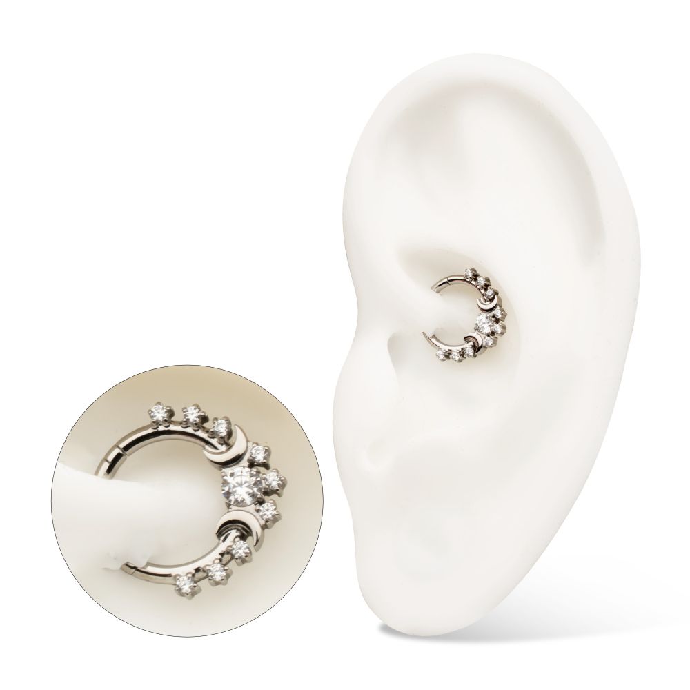 Titanium Triple Moon Phase with Prong Set Gem Cluster Front Facing Hinged Segment Clicker