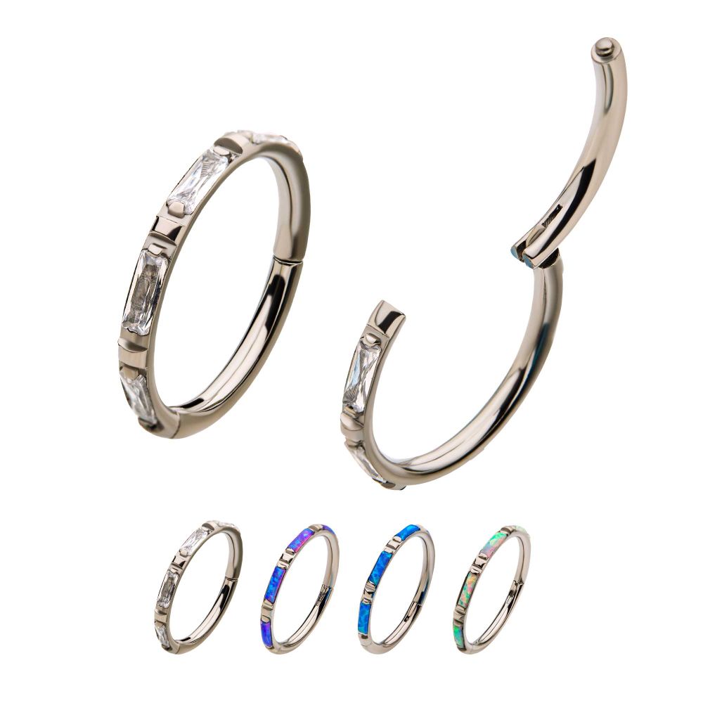 Titanium with Baguette CZ/Synthetic Opal Side Facing Hinged Segment Clicker