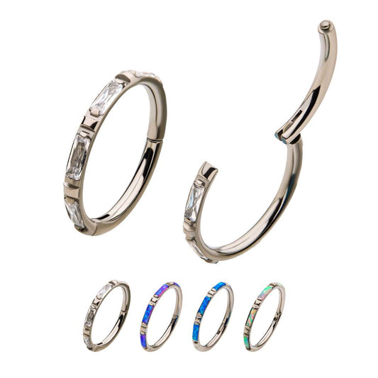 Titanium with Baguette CZ/Synthetic Opal Side Facing Hinged Segment Clicker