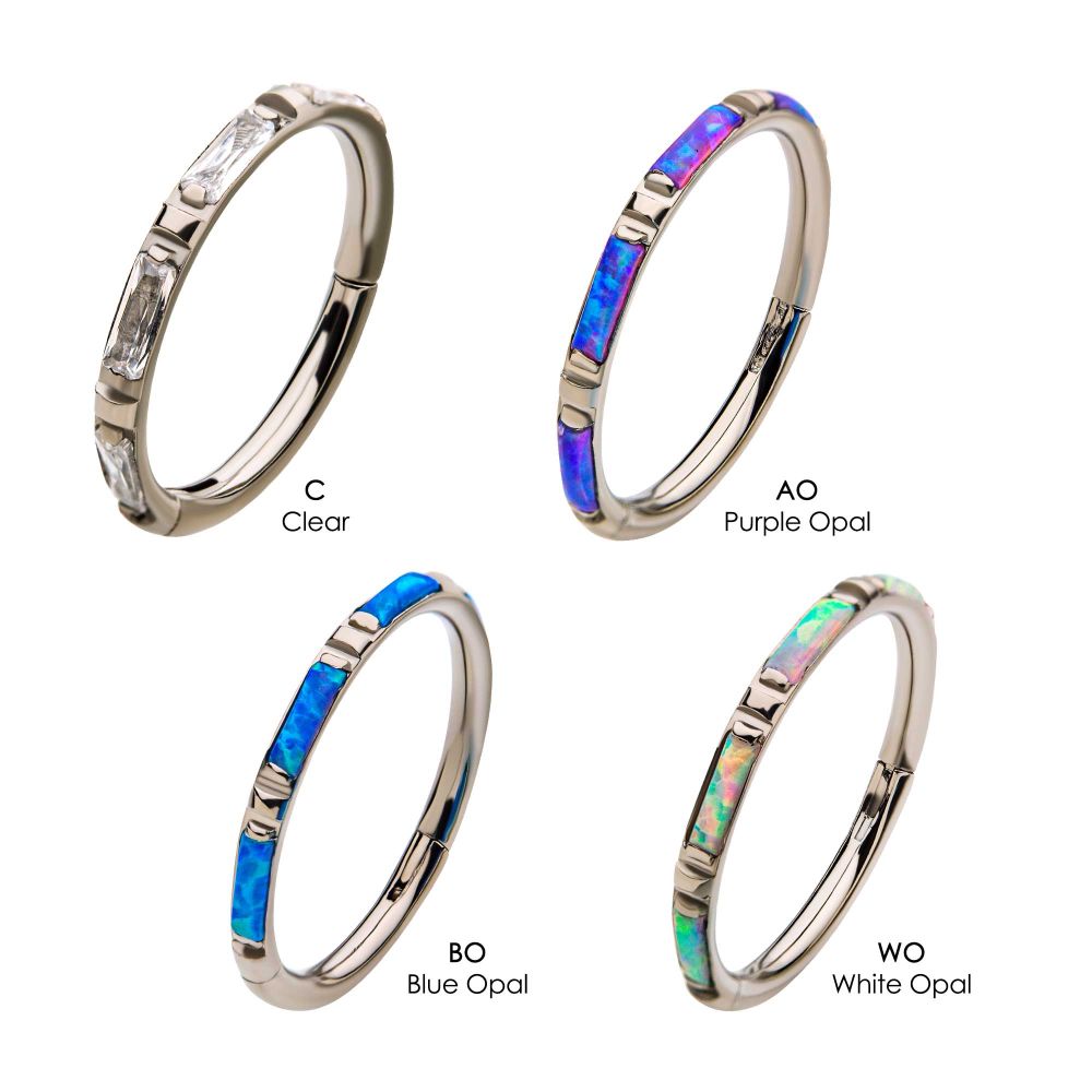 Titanium with Baguette CZ/Synthetic Opal Side Facing Hinged Segment Clicker