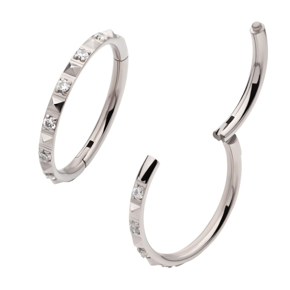 Titanium with Alternating CZ & Pyramid Stud Side Facing Hinged Segment Clicker