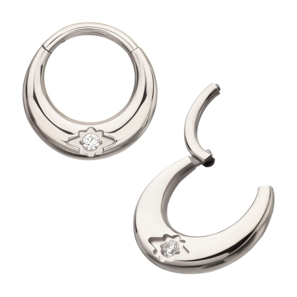 Titanium Etched Design with Prong Set Gem Sleek Dome Septum Front Facing Hinged Segment Clicker