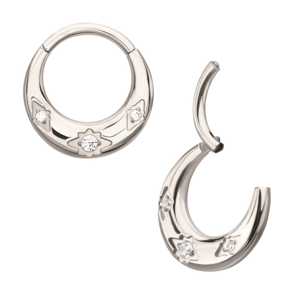 Titanium Triple Etched Design with Prong Set Gem Sleek Dome Septum Front Facing Hinged Segment Clicker