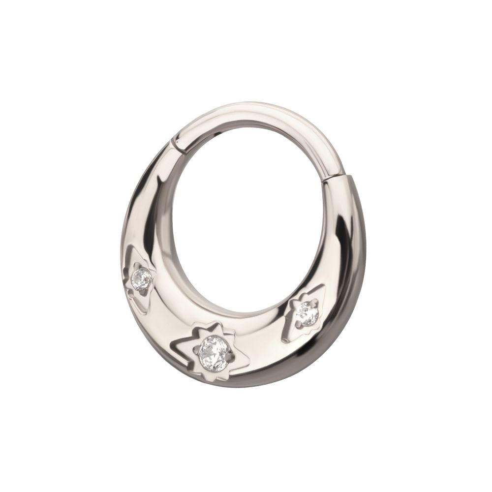 Titanium Triple Etched Design with Prong Set Gem Sleek Dome Septum Front Facing Hinged Segment Clicker
