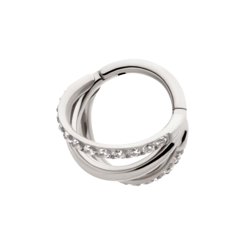 Titanium Triple Hoop with CNC Set 1mm Eternity Gem in 2 Alternate Hoops Side Facing Hinged Segment Clicker