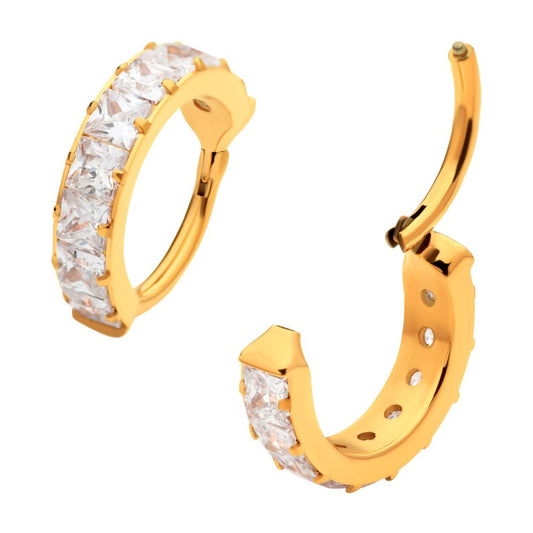 24Kt Gold PVD Titanium with Channel Set Square Princess Gem Side Facing Hinged Segment Clicker