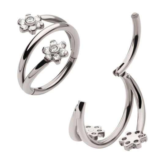Titanium Double Ended Twist Side Facing Hinged Segment Clicker with Flower CZ