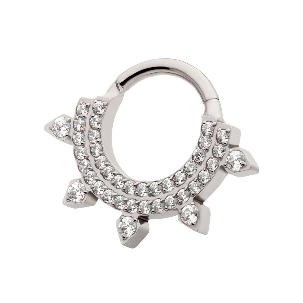 Titanium Double Row CNC Set Round CZ with 5 Round CZ Spike Edge Front Facing Hinged Segment Clicker