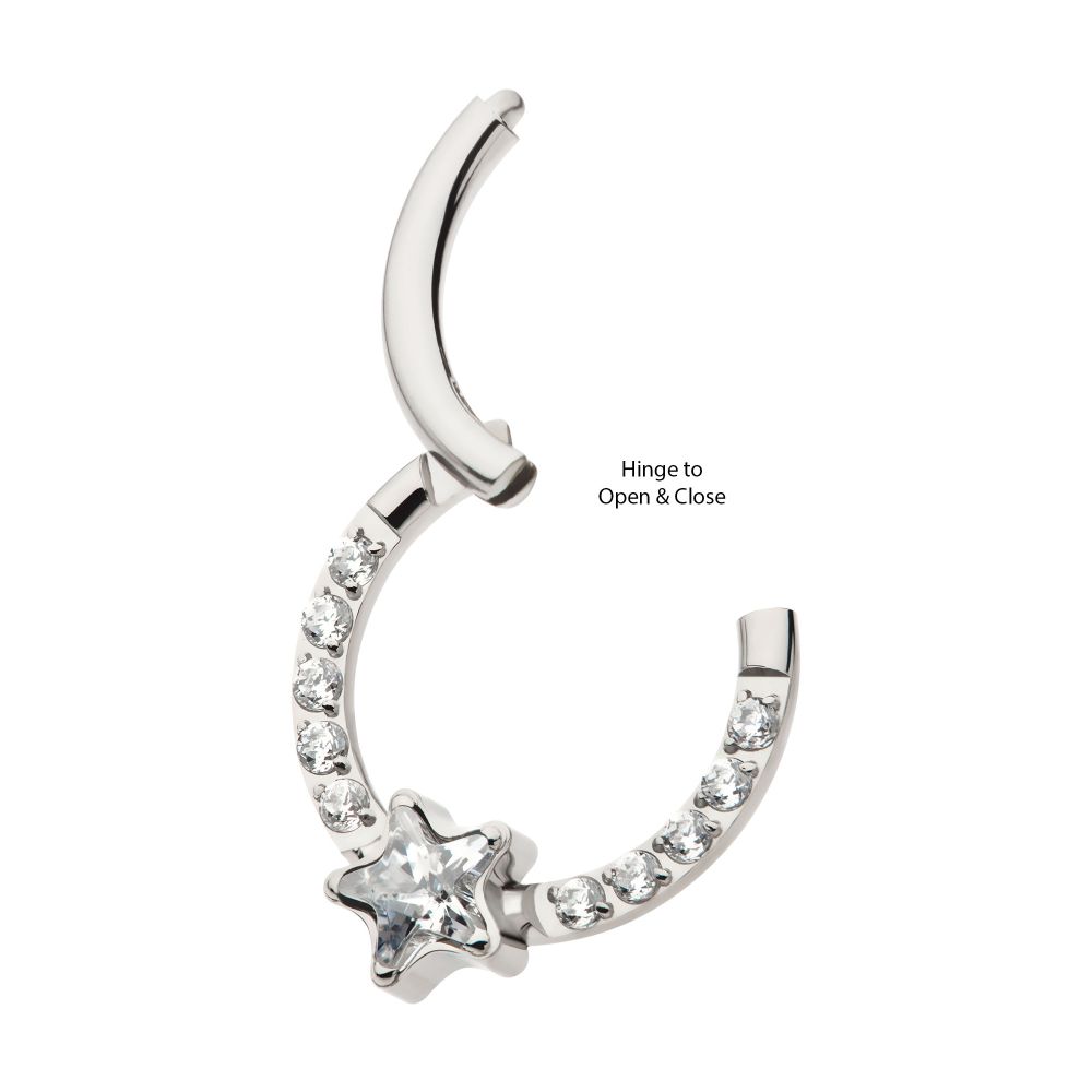 Titanium with 1mm CNC Set Full Clear CZ & Big Star CZ Front Facing Hinged Segment Clicker
