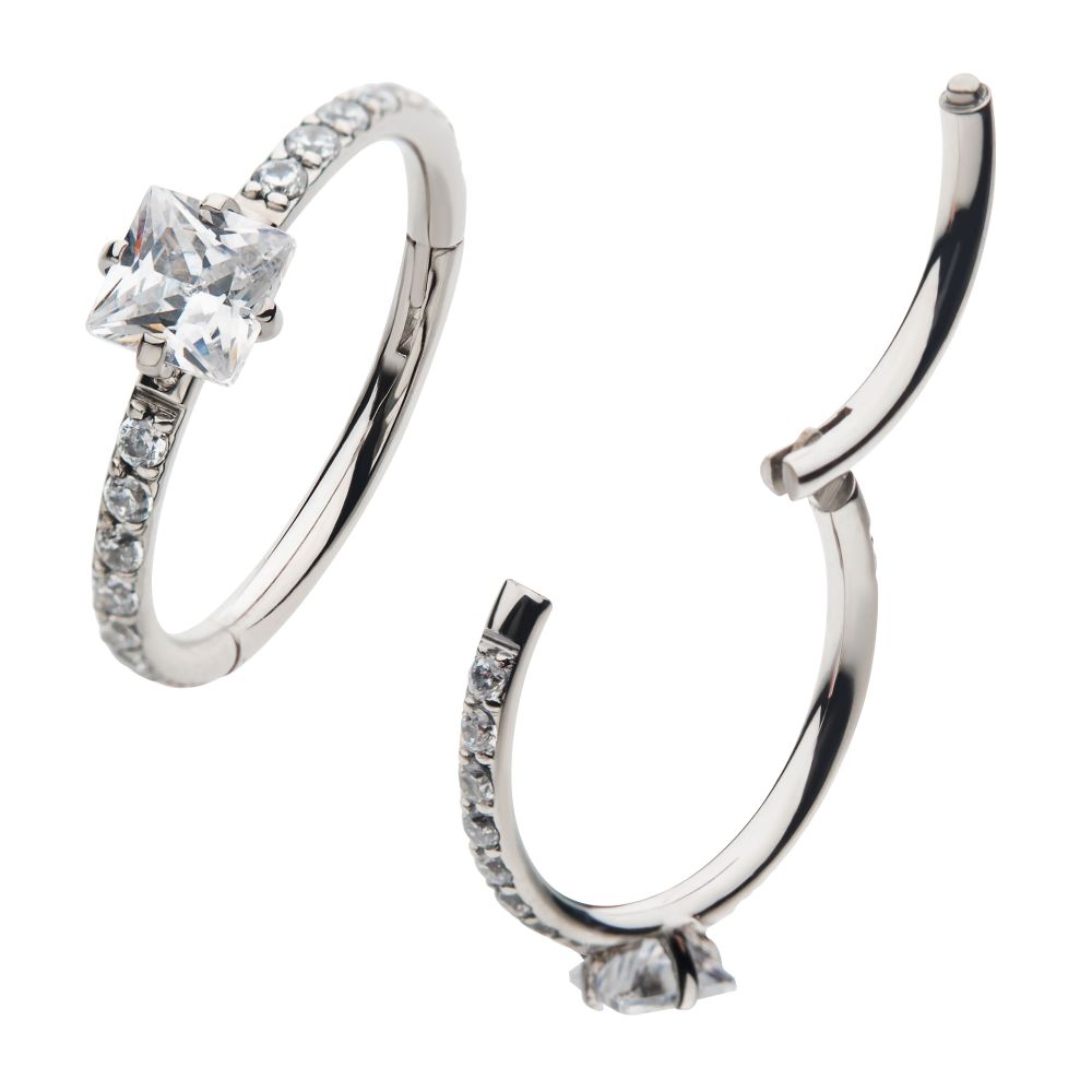 Titanium with Centerpiece Prong Set Square Clear CZ Eternity Side Facing Hinged Segment Clicker