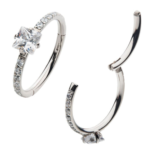 Titanium with Centerpiece Prong Set Square Clear CZ Eternity Side Facing Hinged Segment Clicker