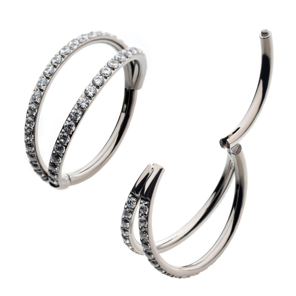 Titanium Double Hoop with CNC Set 1mm Eternity Gem Side Facing Hinged Segment Clicker