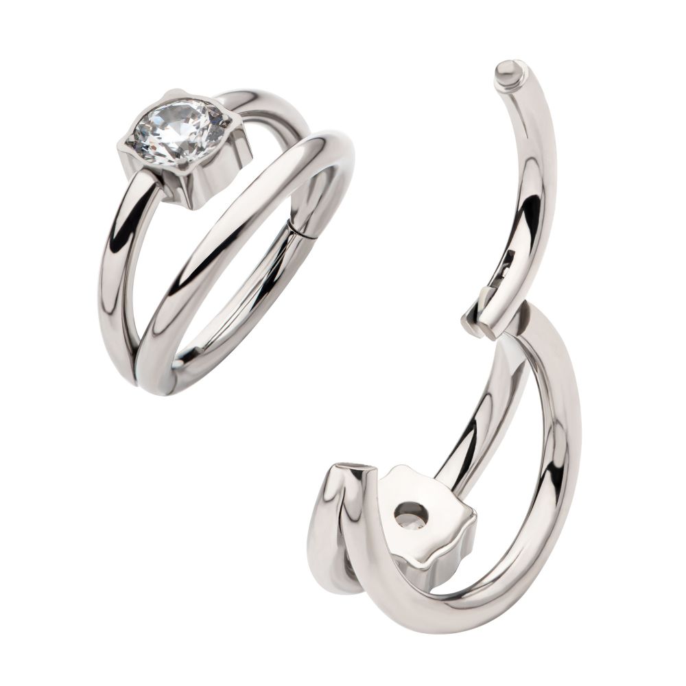 Titanium with Prong Set Clear CZ Double Hoop Side Facing Hinged Segment Clicker