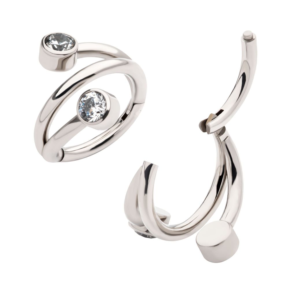 Titanium Double Ended Twist Side Facing Hinged Segment Clicker with Bezel Set Clear CZ