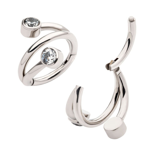 Titanium Double Ended Twist Side Facing Hinged Segment Clicker with Bezel Set Clear CZ