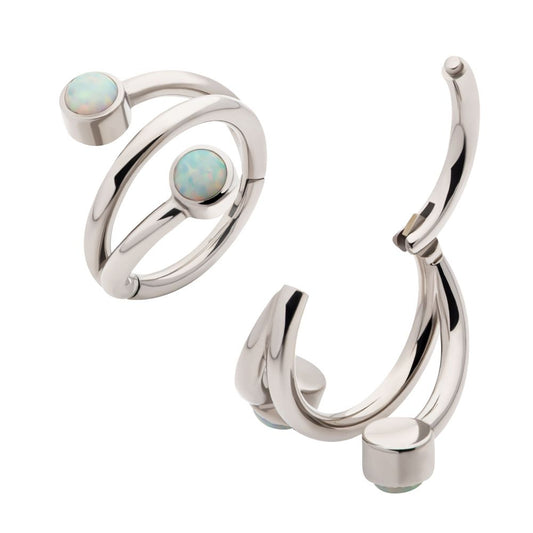 Titanium Double Ended Twist Side Facing Hinged Segment Clicker with Bezel Set White Opal