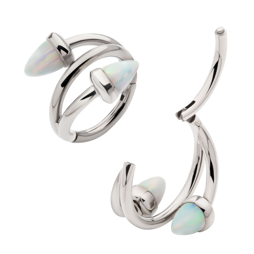 Titanium Double Ended Twist Side Facing Hinged Segment Clicker with Spike White Opal