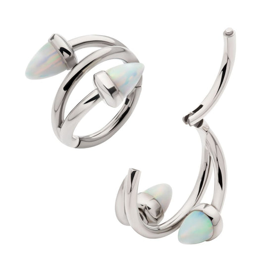 Titanium Double Ended Twist Side Facing Hinged Segment Clicker with Spike White Opal