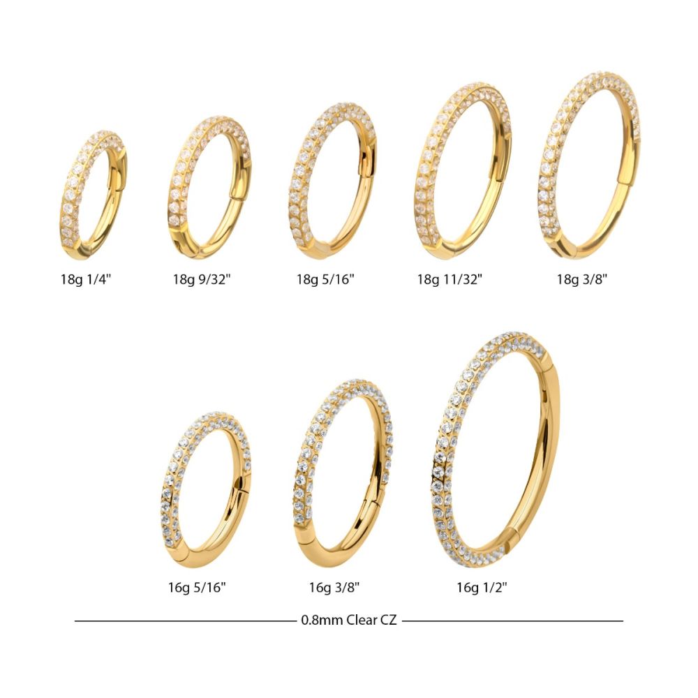 24Kt Gold PVD Titanium 3-Row Pave Set 0.8mm Round Gem Hinged Segment Clicker